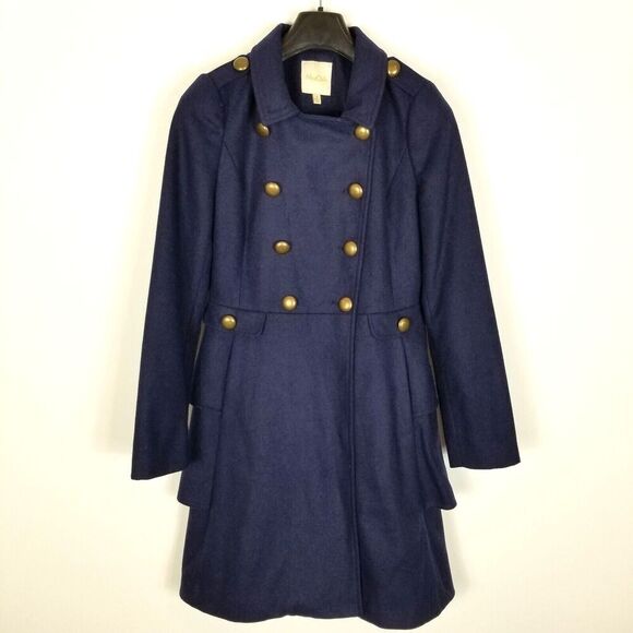 ModCloth Women Navy Ruffled Pea Coat Size S Military Wool Blend - Picture 1 of 8
